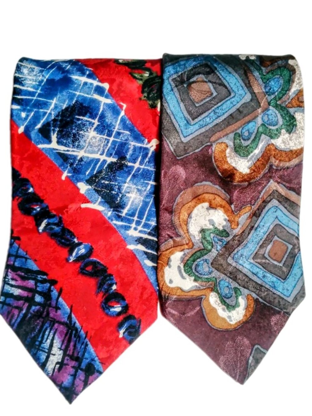OSCAR DE LA RENTA 2 Vtg 90s Silk Ties Couture ABSTRACT BOHO/PATRIOTIC MAXIMALIST
